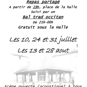 Caylus_Bal_trad_sous_la_halle_repas_partage